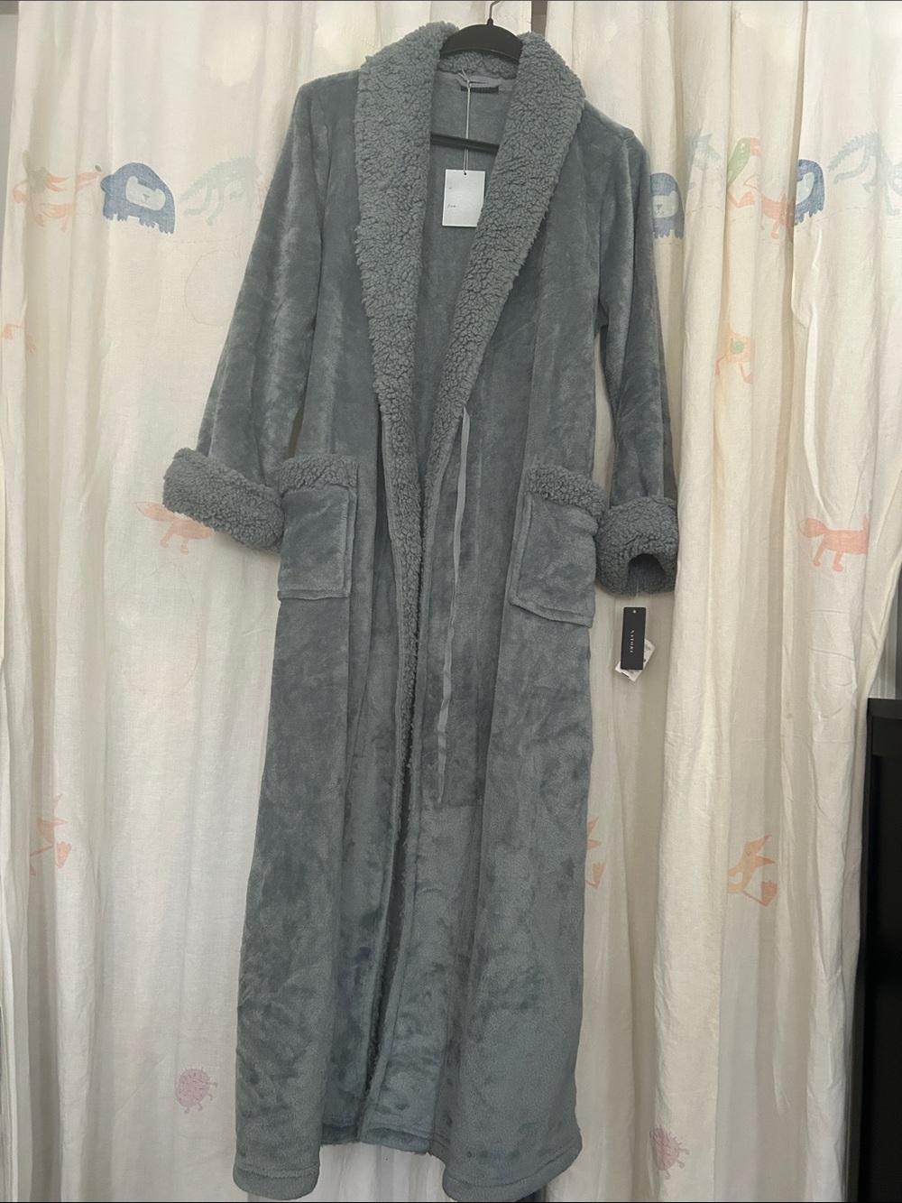 Natori Long Sherpa-Trim Robe Coat - Gray M